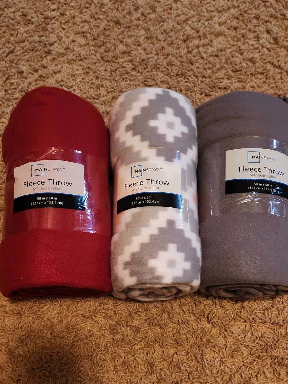 NEW 3 Mainstays Fleece Throw Bundle - Red, Gray Geometric, Gray